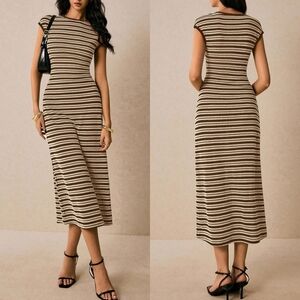 Striped Brown and Cream Midi Dress